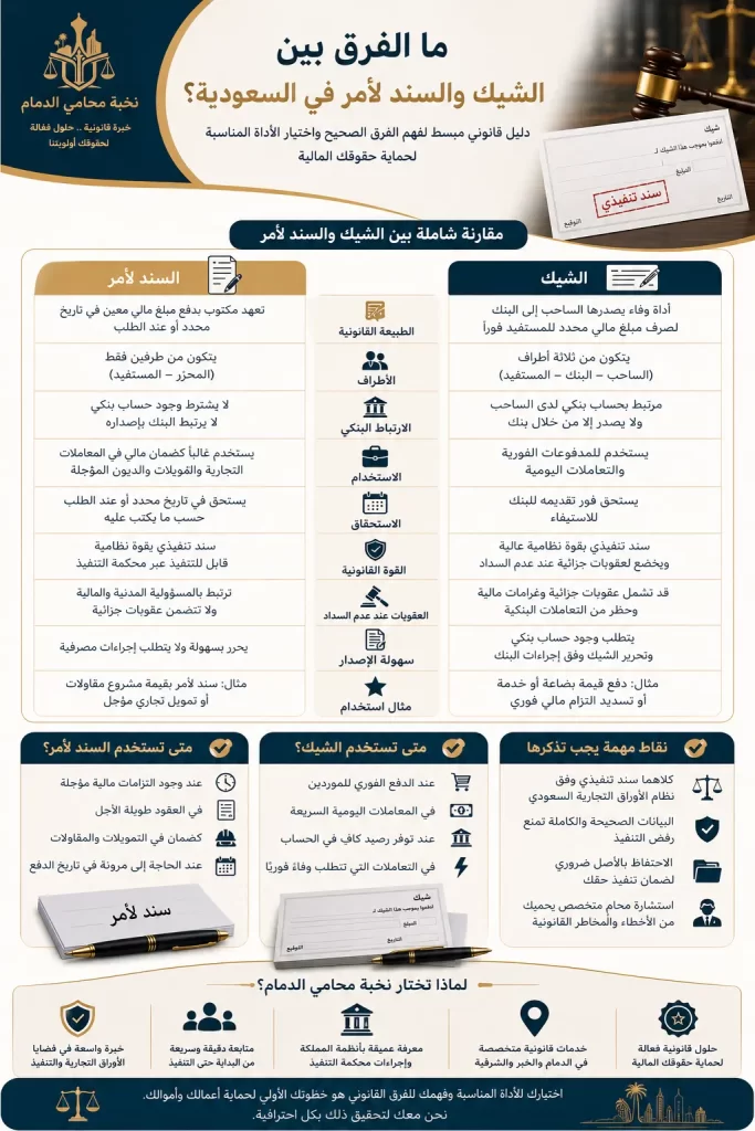 مقارنة شاملة بين الشيك وسند لأمر بالسعودية