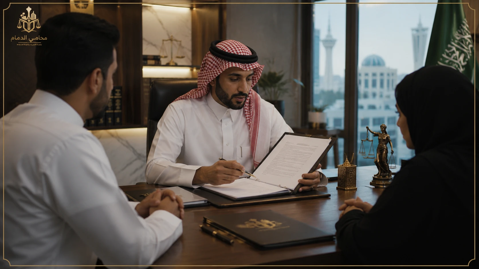 مراجعة مذكرة دفاع في قضية فسخ عقد زواج داخل مكتب محامي بالدمام