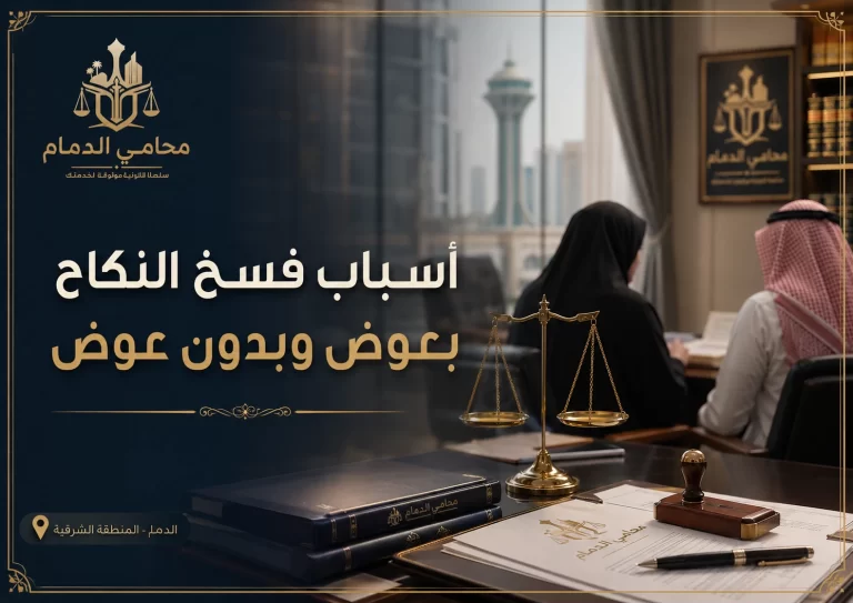 صورة واقعية لمكتب محامي في الدمام حول أسباب فسخ النكاح بعوض وبدون عوض