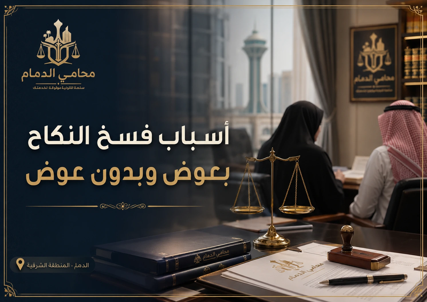 صورة واقعية لمكتب محامي في الدمام حول أسباب فسخ النكاح بعوض وبدون عوض