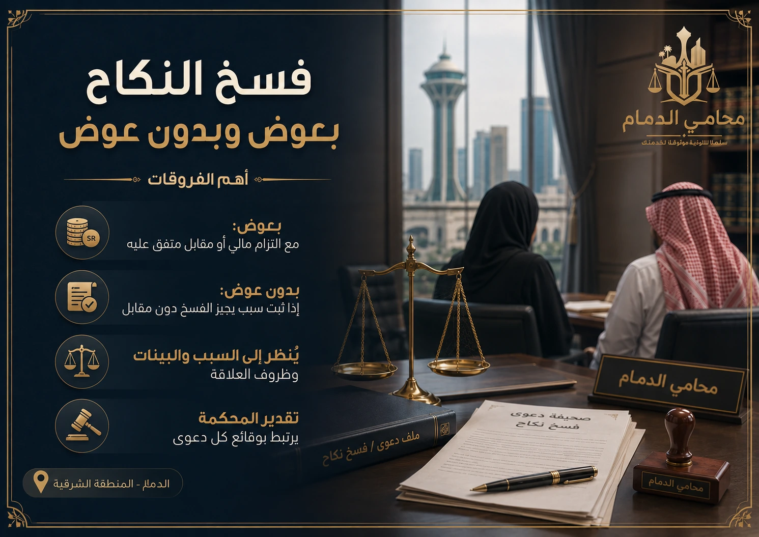 إنفوجرافكس واقعي يوضح الفرق بين فسخ النكاح بعوض وبدون عوض في السعودية