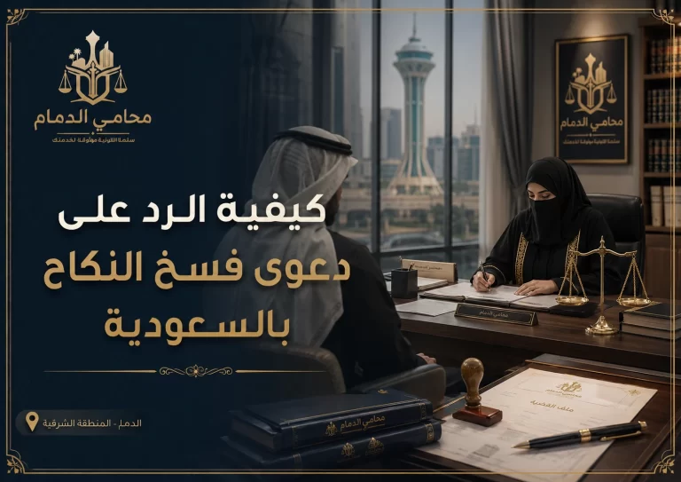 صورة واقعية لمكتب قانوني في الدمام حول كيفية الرد على دعوى فسخ النكاح بالسعودية