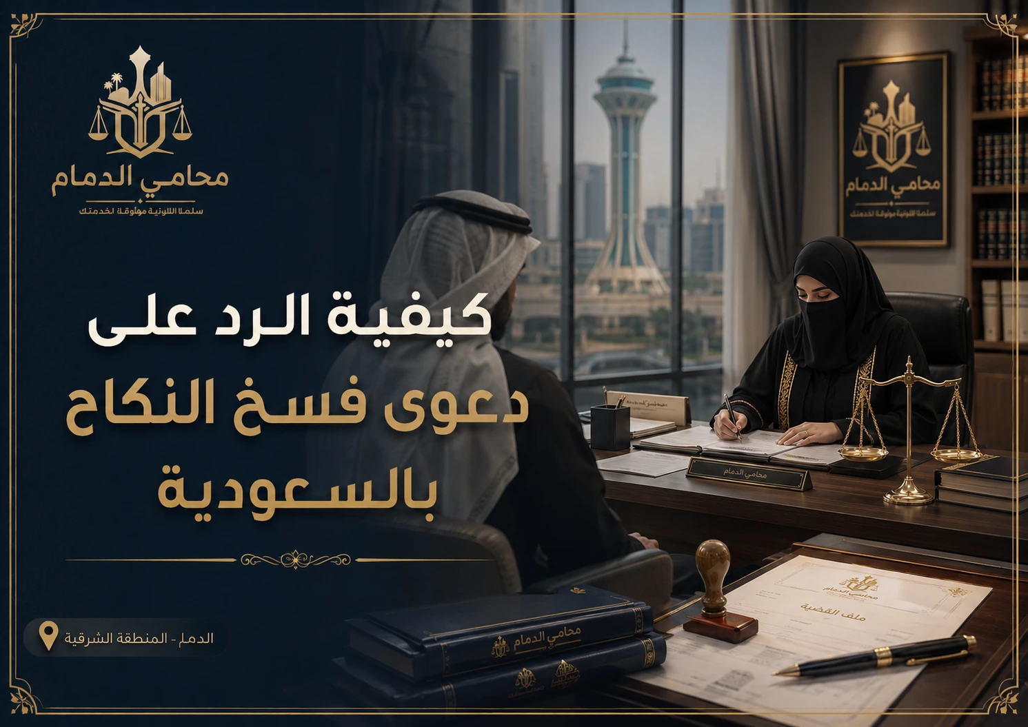 صورة واقعية لمكتب قانوني في الدمام حول كيفية الرد على دعوى فسخ النكاح بالسعودية