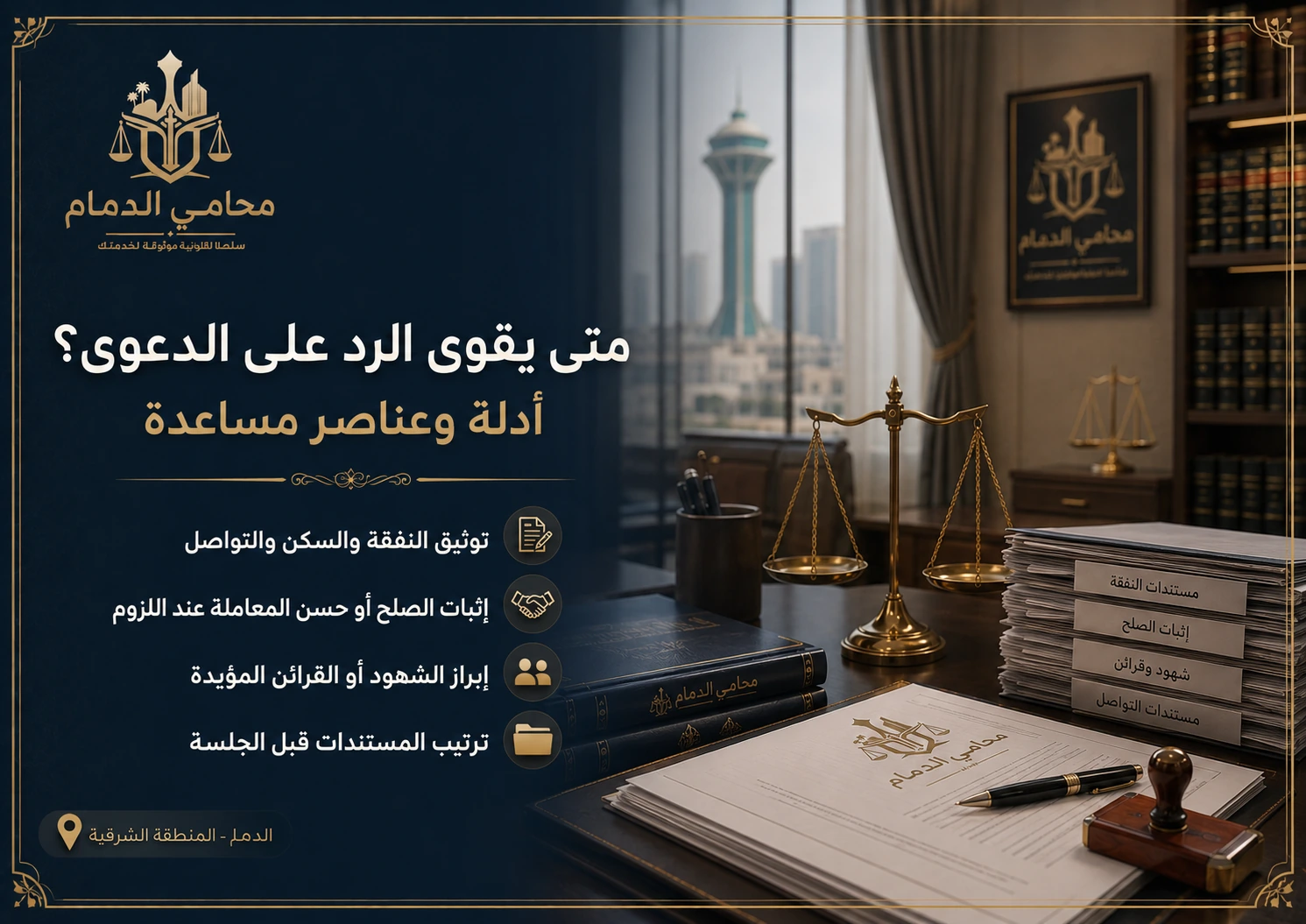 إنفوجرافكس واقعي يوضح الأدلة التي تقوي الرد على دعوى فسخ النكاح في الدمام