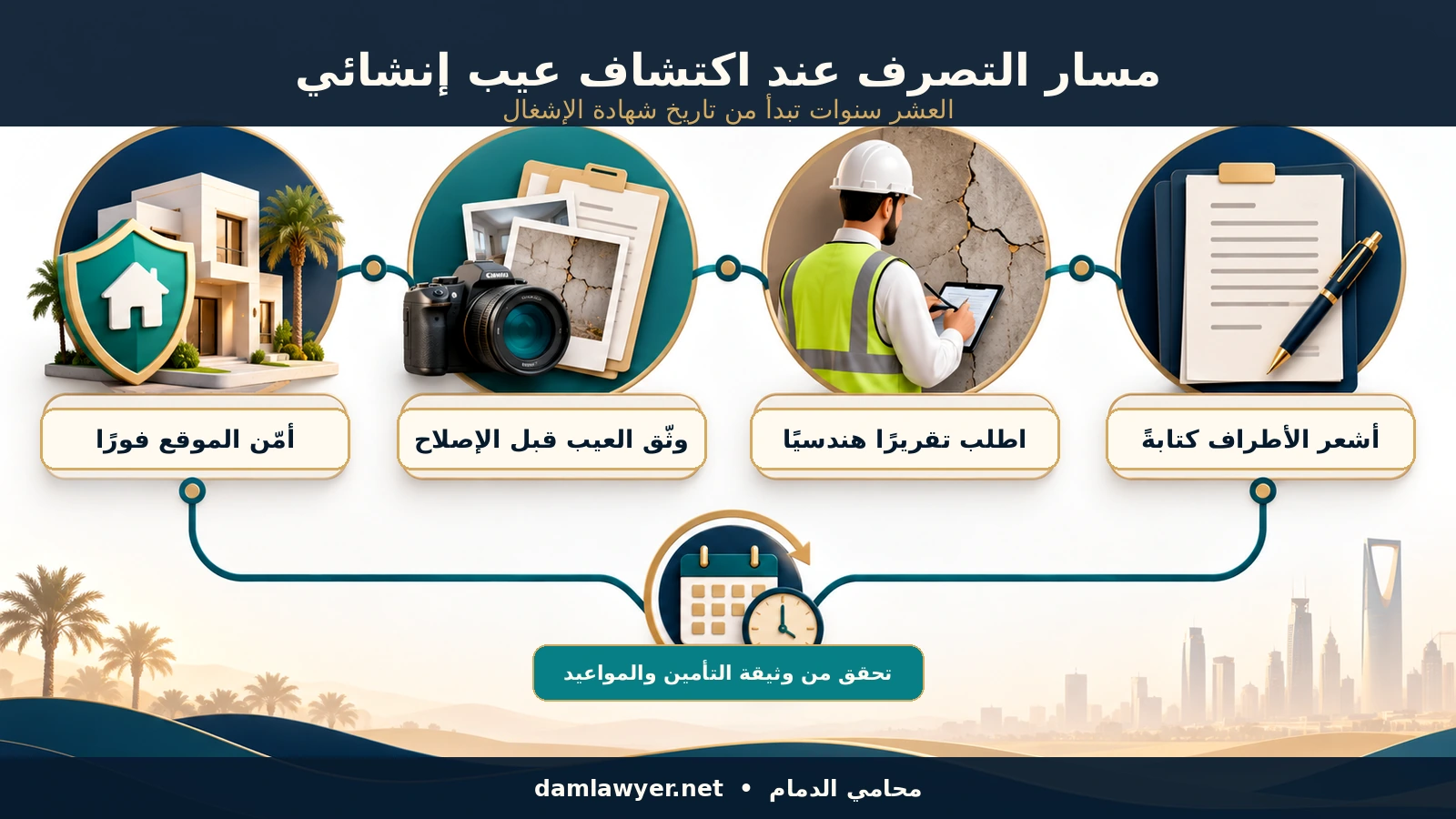إنفوغرافيك خطوات توثيق عيب البناء والمطالبة بالضمان العشري