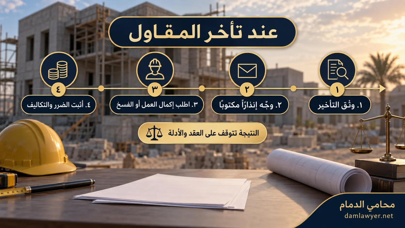 خطوات توثيق تأخر المقاول وتوجيه الإنذار وطلب الإكمال أو الفسخ وإثبات الضرر