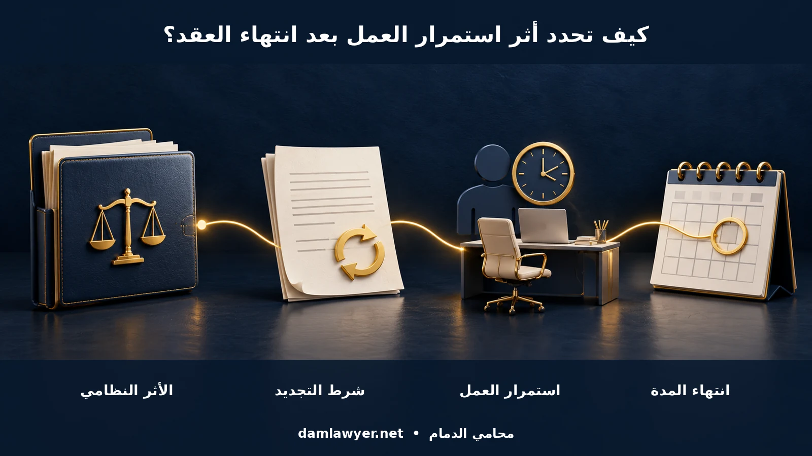 مراحل تحديد أثر استمرار العمل بعد انتهاء العقد: انتهاء المدة ثم استمرار العمل ثم شرط التجديد ثم الأثر النظامي
