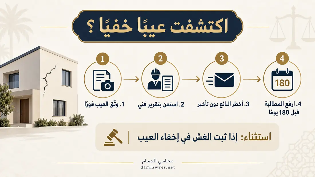 خطوات توثيق العيب الخفي وإخطار البائع والمطالبة خلال 180 يوماً