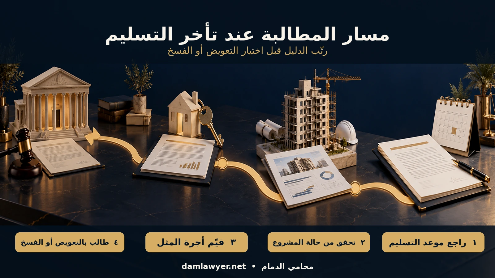 إنفوغرافيك يشرح خطوات المطالبة عند تأخر المطور في تسليم الوحدة على الخارطة