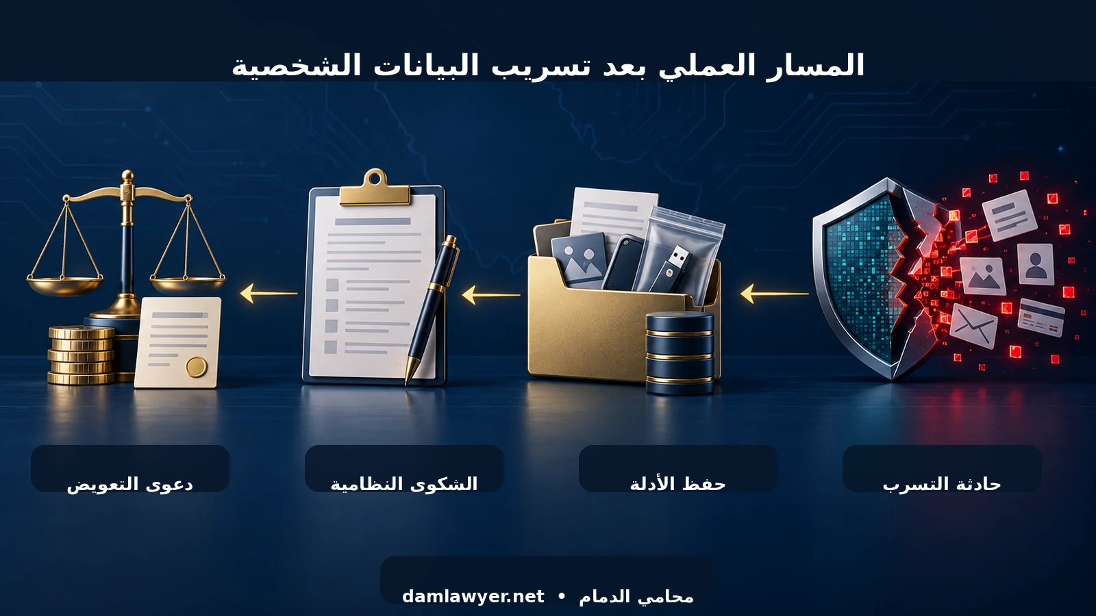 المسار العملي بعد تسريب البيانات الشخصية: حادثة التسرب ثم حفظ الأدلة فالشكوى النظامية ودعوى التعويض
