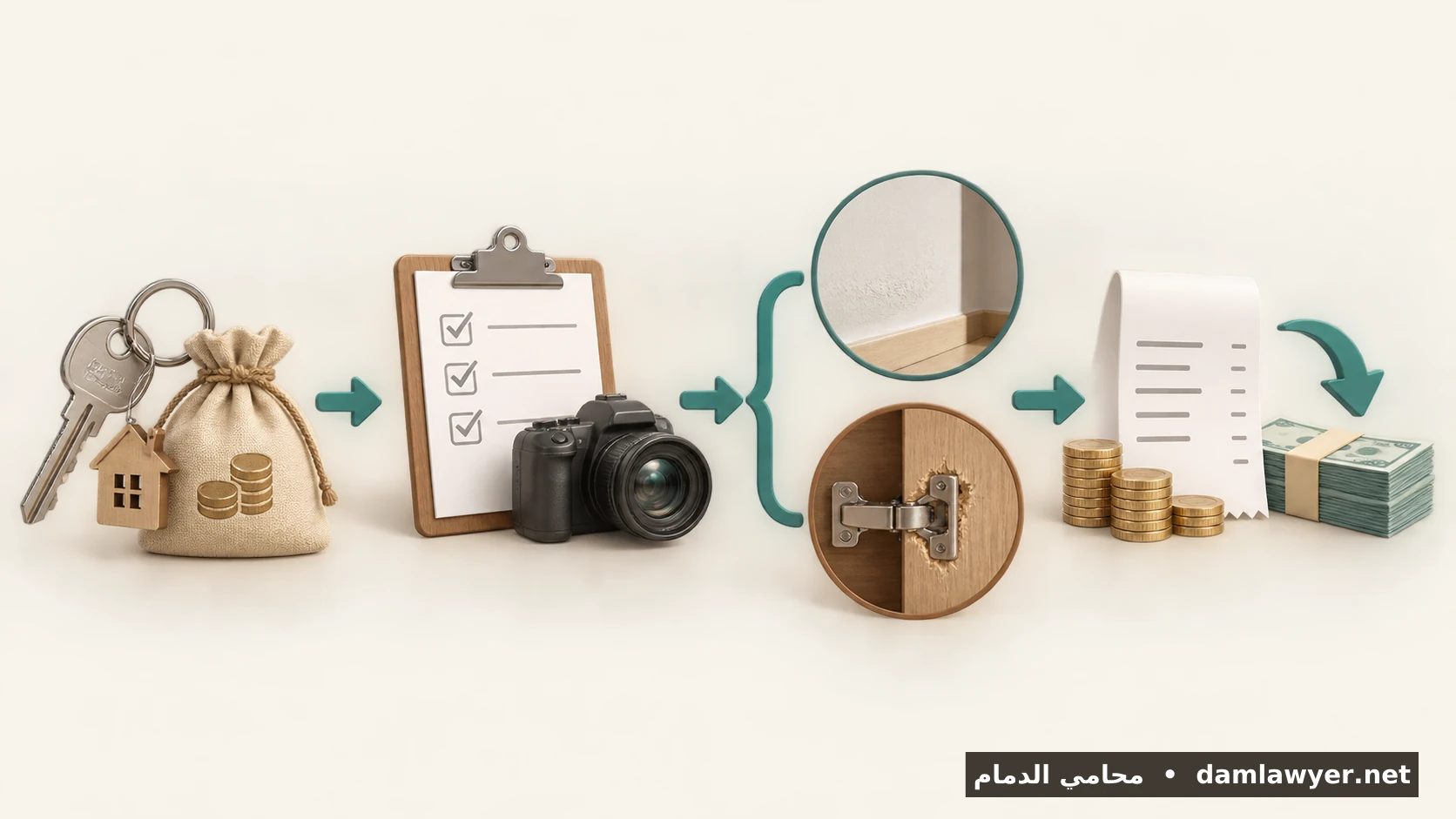 خطوات تسوية مبلغ ضمان الإيجار: توثيق الحالة وتمييز الاستهلاك المعتاد من التلف ثم حساب الخصم ورد الباقي