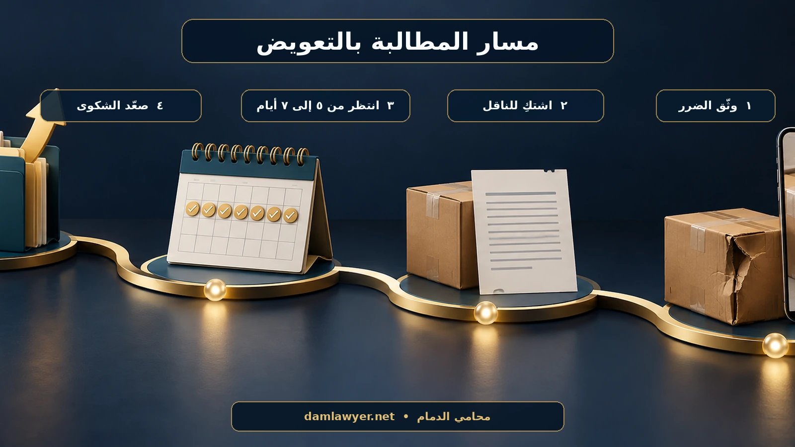 إنفوغرافيك يوضح توثيق الضرر والشكوى لشركة الشحن ثم التصعيد بعد خمسة إلى سبعة أيام عمل