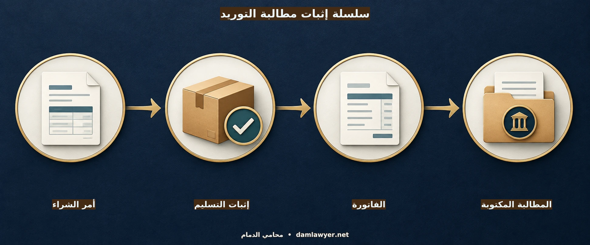 سلسلة إثبات مطالبة التوريد دون عقد مكتوب: أمر الشراء ثم التسليم ثم الفاتورة ثم المطالبة المكتوبة