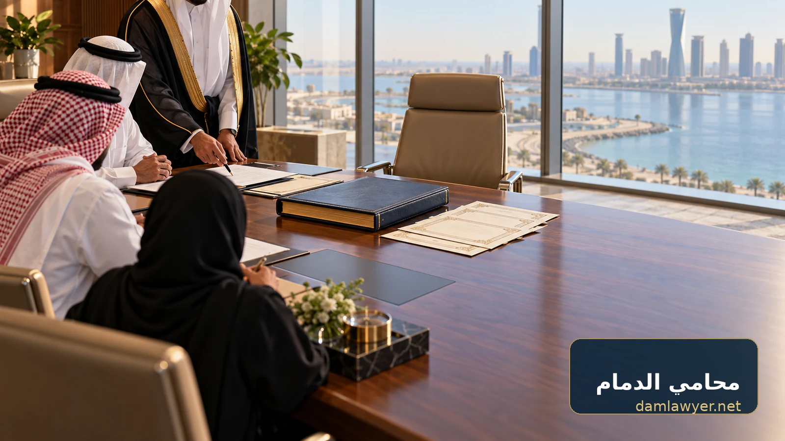اجتماع ورثة ومستشار قانوني لمراجعة انتقال حصة شريك متوفى في شركة ذات مسؤولية محدودة بالسعودية
