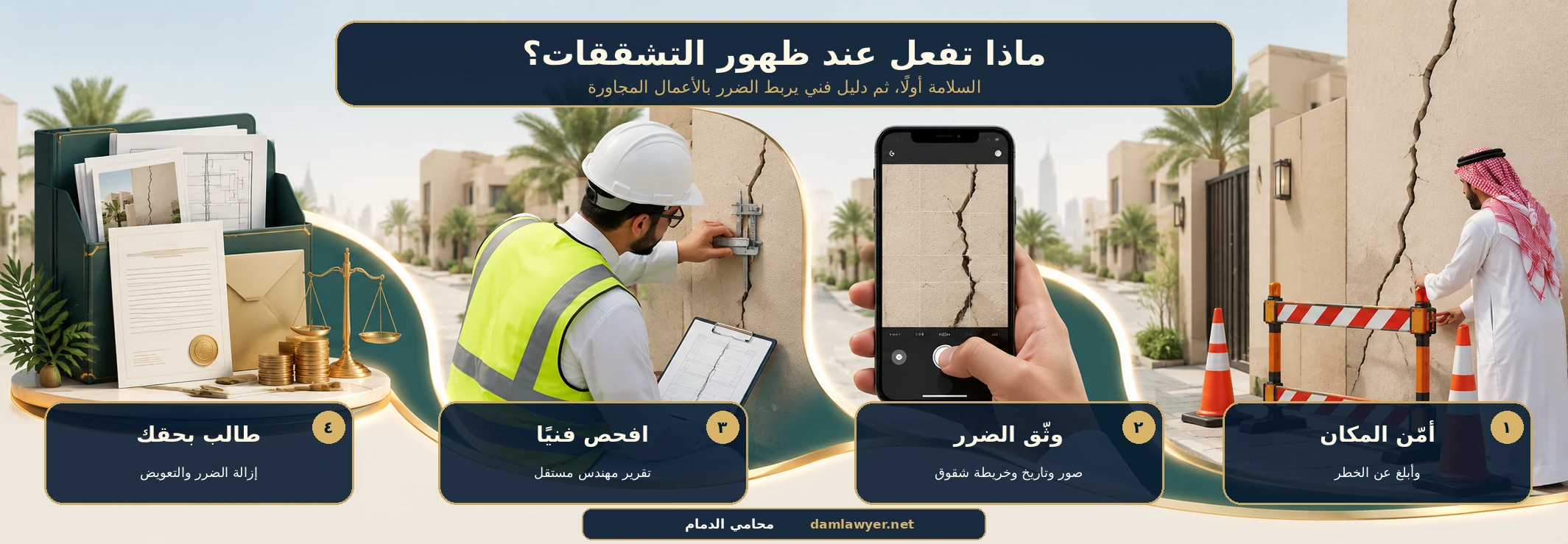 إنفوغرافيك خطوات تأمين المكان وتوثيق التشققات والفحص والمطالبة بالتعويض