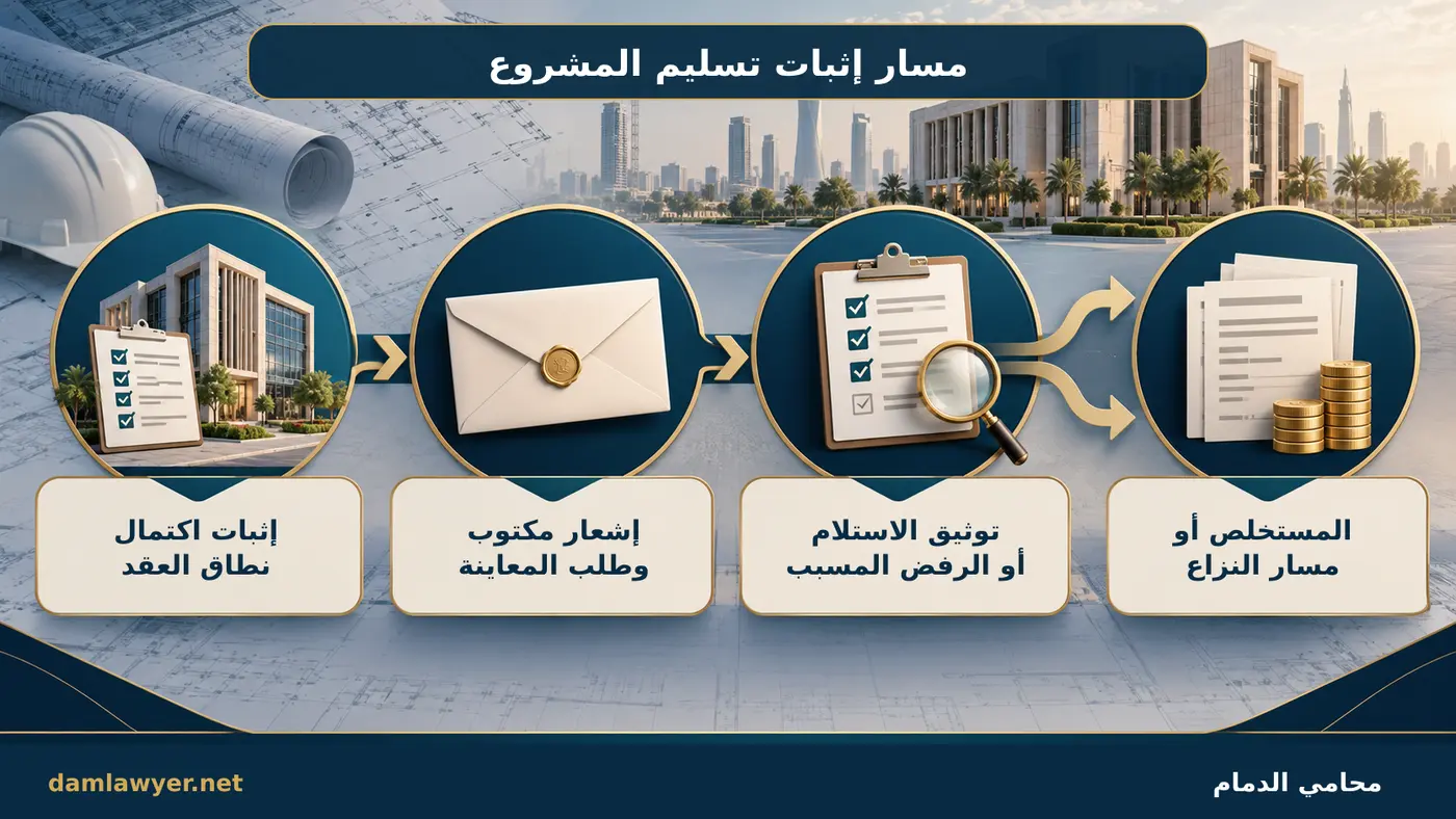 مسار إثبات اكتمال المشروع وإشعار التسليم وتوثيق الرفض والمطالبة بالمستخلص
