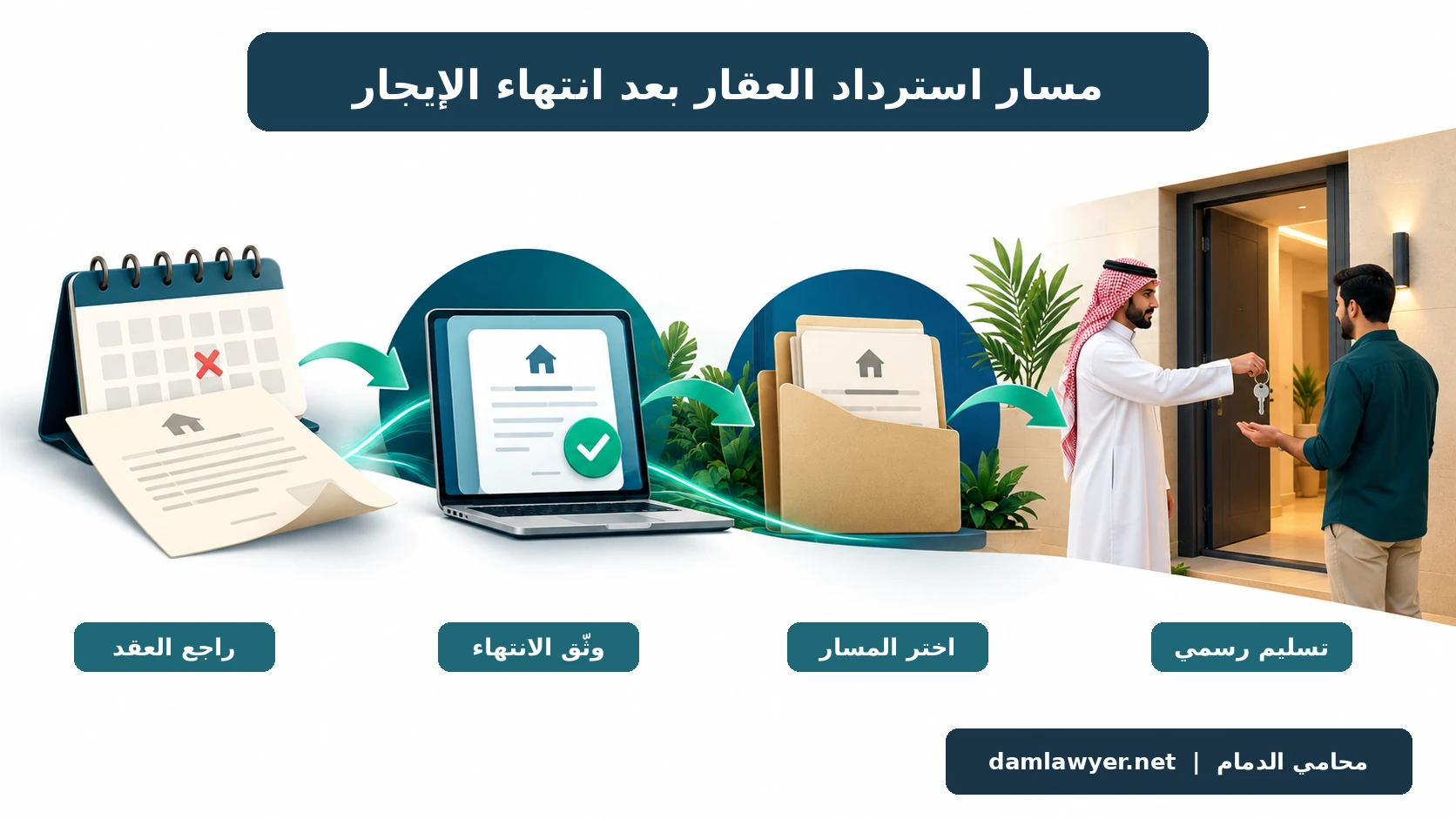 إنفوغرافيك مسار استرداد العقار بعد انتهاء الإيجار: مراجعة العقد وتوثيق الانتهاء واختيار المسار ثم التسليم الرسمي