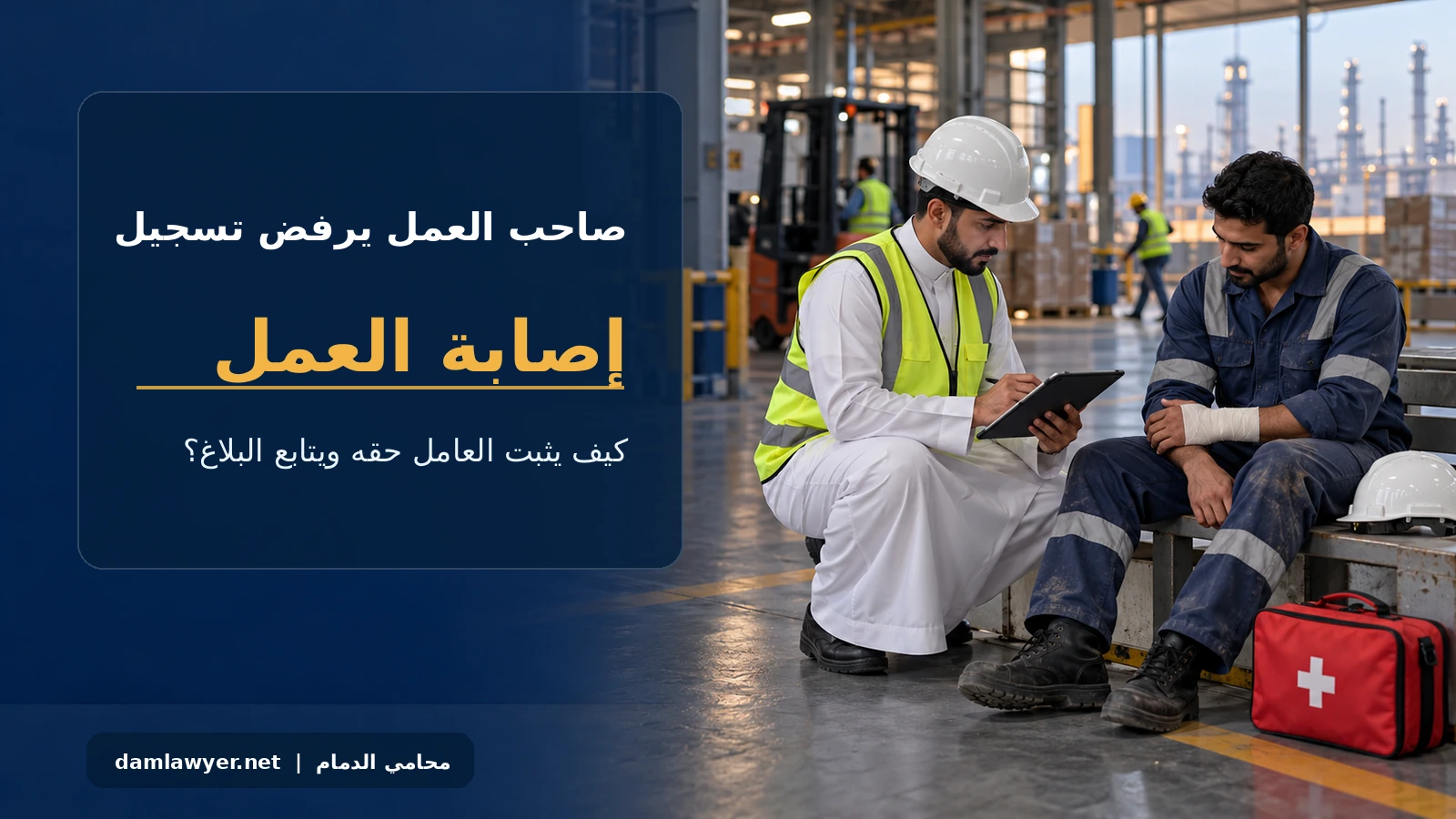عامل مصاب ومسؤول سلامة يوثقان إصابة العمل في منشأة صناعية بالسعودية