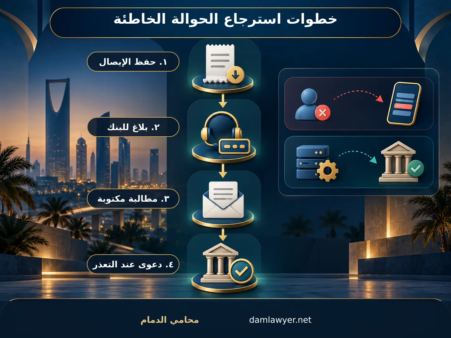خطوات استرجاع الحوالة الخاطئة: حفظ الإيصال وبلاغ البنك والمطالبة المكتوبة والدعوى عند التعذر